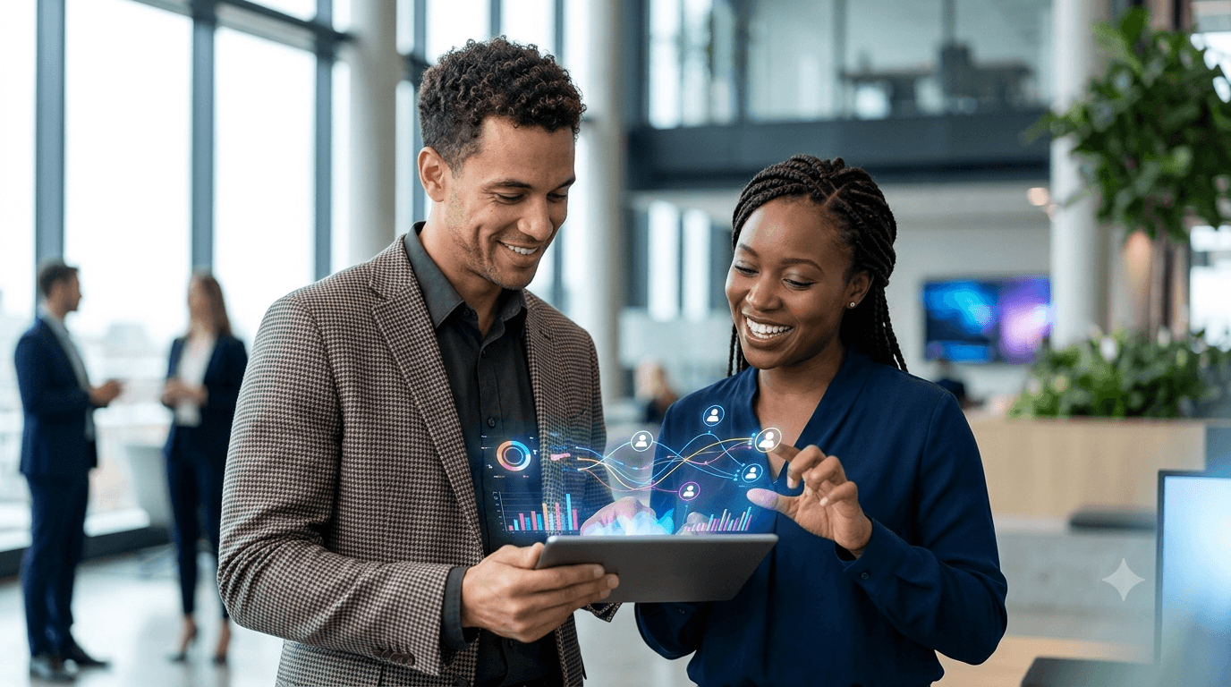 Two business professionals review customer relationship data on a tablet in a modern office, interacting with a holographic dashboard displaying CRM analytics, customer profiles, and performance metrics.